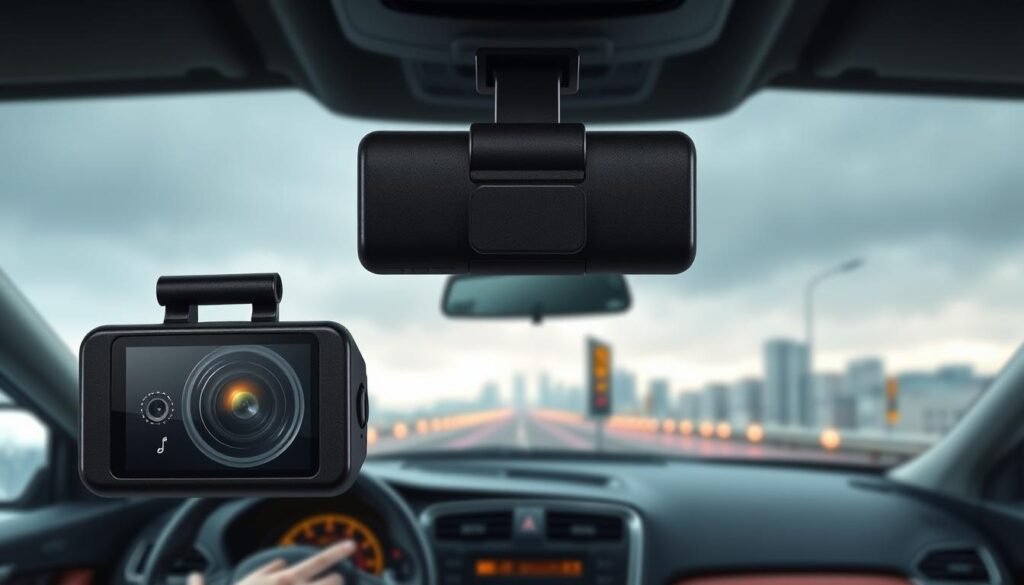 A detailed and informative illustration showcasing the functionalities of a car dash cam. In the foreground, a sleek and modern dash cam is prominently displayed, highlighting its front and rear lenses. The middle ground features a stylized depiction of a vehicle interior, where the dash cam is installed, with clear visibility of the lenses reflecting faint mist, suggesting recent exposure to severe weather conditions. The background includes a blurred cityscape under overcast skies, illustrating a stormy atmosphere. Soft, diffused lighting casts shadows to enhance depth and detail, creating a professional and engaging mood. The image should evoke a sense of importance regarding vehicle safety and recording capabilities, without any text or branding elements. A detailed and informative illustration showcasing the functionalities of a car dash cam. In the foreground, a sleek and modern dash cam is prominently displayed, highlighting its front and rear lenses. The middle ground features a stylized depiction of a vehicle interior, where the dash cam is installed, with clear visibility of the lenses reflecting faint mist, suggesting recent exposure to severe weather conditions. The background includes a blurred cityscape under overcast skies, illustrating a stormy atmosphere. Soft, diffused lighting casts shadows to enhance depth and detail, creating a professional and engaging mood. The image should evoke a sense of importance regarding vehicle safety and recording capabilities, without any text or branding elements.