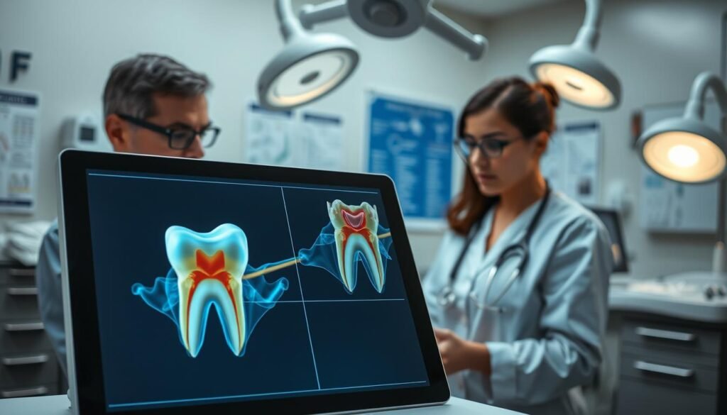 A detailed dental office scene focused on a surgical planning board for wisdom tooth extraction. In the foreground, a large digital tablet displays a 3D model of an impacted wisdom tooth, highlighting its relation to the surrounding anatomical structures, including the jawbone and nerves. The middle ground features a dental surgeon in professional attire examining the tablet, engaged in a thoughtful discussion with an assistant, both looking focused and determined. The background shows a well-equipped dental surgery room with surgical tools and charts related to oral surgery. Soft, focused lighting enhances the clarity of the digital model while creating a serious and professional atmosphere, emphasizing the importance of careful planning in complex surgical cases.
