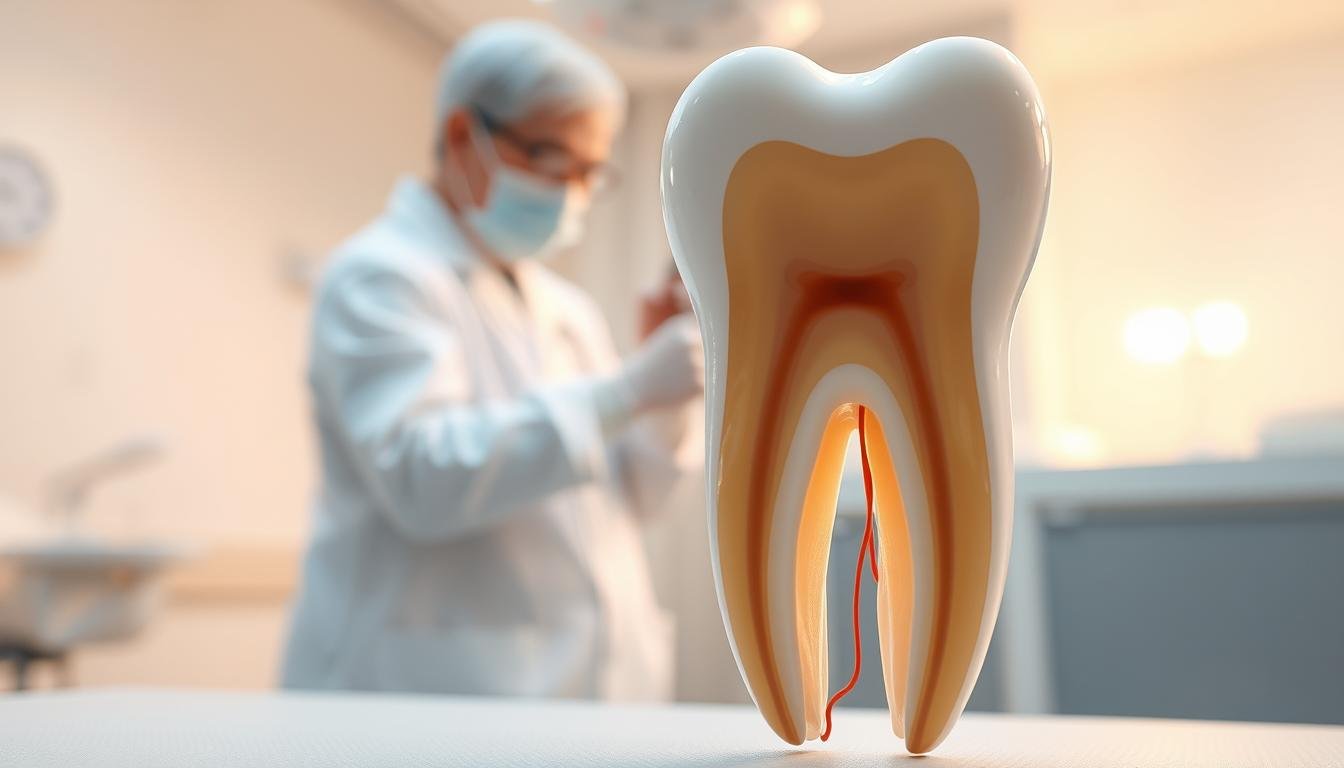 A detailed illustration highlighting the connection between tooth roots (杜牙根) and pulp treatment. In the foreground, depict a close-up of a human tooth with its root section exposed, showing the intricate network of nerves and blood vessels, which are illustrated faintly to indicate their absence post-treatment. In the middle ground, include a professional dentist wearing a lab coat, carefully examining the tooth with dental tools, symbolizing the clinical aspect of dental care. The background features a softly blurred dental clinic setting, with soft, warm lighting to create an inviting atmosphere. Emphasize the vulnerability of the tooth, focusing on its structure to convey the message of increased fragility and risk of fracture after pulp loss.
