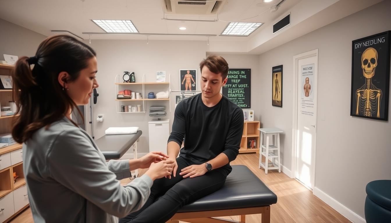 A dynamic sports therapy clinic interior showcasing a variety of treatment programs focused on injury relief. Foreground features a professional therapist in modest casual attire, demonstrating a hands-on technique with a patient seated on an examination table. In the middle, various therapy stations are visible, including a physiotherapy area with exercise equipment, dry needling station, and a rehabilitation zone. The background displays shelves with therapy tools, anatomical charts, and motivational posters. Soft, natural lighting illuminates the space, creating a welcoming atmosphere. The scene captures a sense of professionalism and healing, emphasizing the importance of recovery and the diverse treatment options available at Sports Therapy HK. The angle is slightly elevated to encompass the entire layout and atmosphere of the clinic.