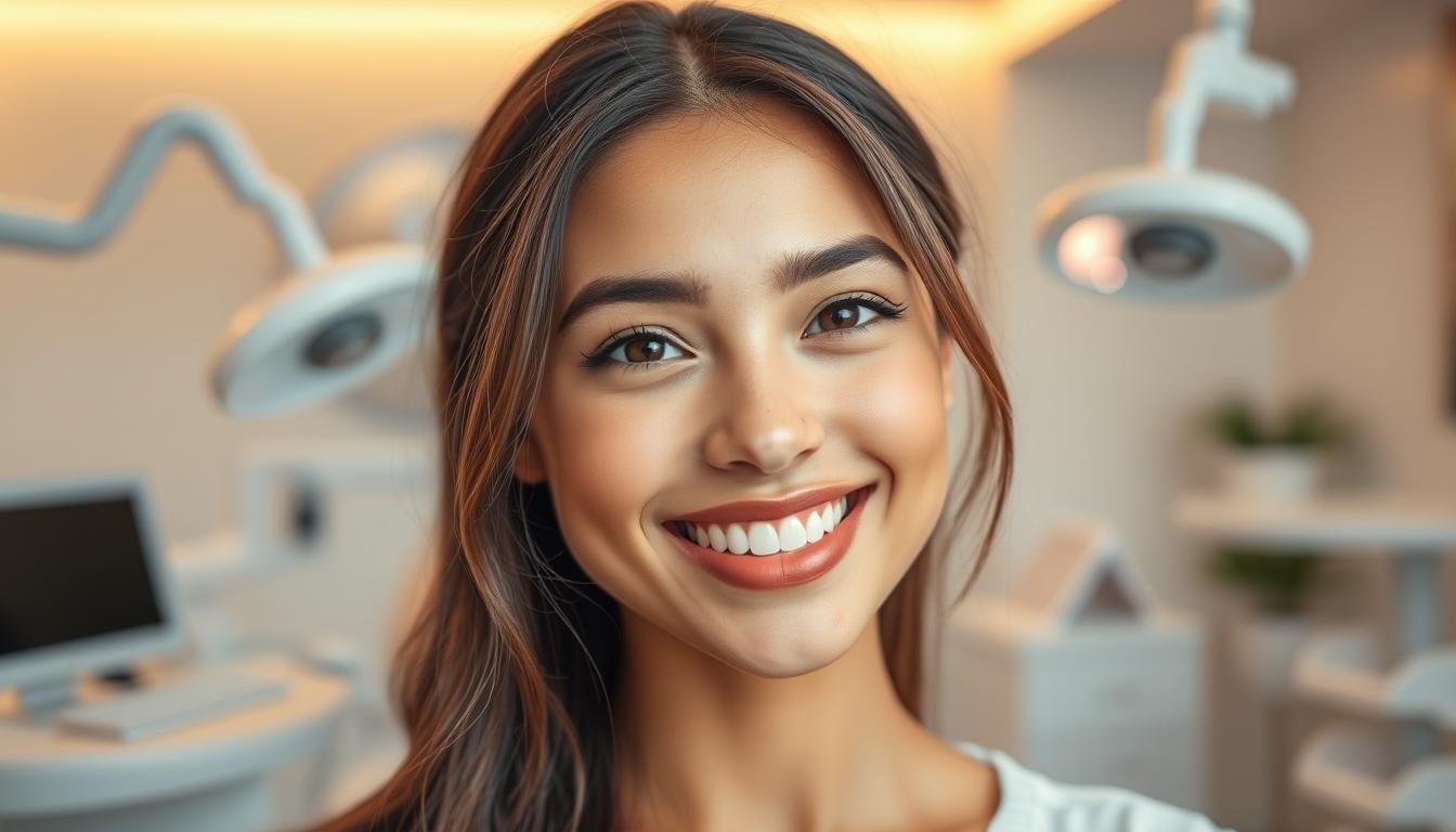 A harmonious smile curve elegantly emphasized on a young woman's face, showcasing the principles of dental aesthetics. In the foreground, her face radiates warmth and confidence, with a gentle smile highlighting the curvature of her lips and cheeks. The middle ground features subtle elements of modern dental tools and aesthetic designs, suggesting a blend of technology and art. In the background, a softly blurred dental clinic environment exudes professionalism and tranquility, with warm lighting that enhances the model's features. The composition should be framed from a slightly elevated angle, capturing the essence of youthfulness and approachability. The overall mood should be inviting and uplifting, reflecting the beauty and value of a well-defined smile curve in contemporary dental aesthetics.