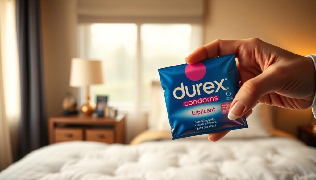 A safe, informative visual representation focused on using Durex condoms with special lubricants. In the foreground, a close-up of a professional-looking hand carefully holding a Durex condom package, showcasing its unique lubricants. In the middle, a softly blurred backdrop of a well-lit, tasteful bedroom setting, with a bedside table featuring a subtle arrangement of educational materials about safe sexual practices. The lighting is warm and inviting, suggesting a sense of security and intimacy. The overall atmosphere is calm and respectful, highlighting the importance of safety and comfort during intimate moments, without any explicit or suggestive imagery. The composition is balanced, with the focus on the condom and the educational context surrounding it.
