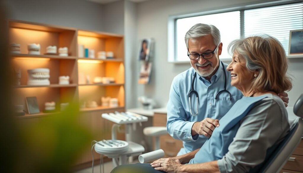 A serene dental clinic interior showcasing the recovery process after dental implants. In the foreground, a compassionate dentist in a professional uniform gently assists an elderly patient, highlighting their interaction and care. The middle ground features a treatment chair with dental tools neatly arranged, while soft medical lighting casts warm tones over the scene, creating a comforting atmosphere. In the background, shelves filled with dental models and brochures emphasize the dental practice environment. The composition should focus on the details, such as the expressions of hope and relief on the patient's face, conveying a sense of reassurance and professionalism. The image should evoke a calm and positive mood, illustrating the seamless transition to enhanced oral health and functionality.
