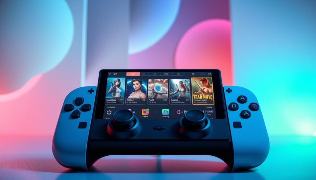 A visually immersive design scene illustrating color psychology in a gaming interface for "UG娛樂城". In the foreground, showcase a modern gaming console with an engaging display featuring soft, soothing colors like pastel blues and greens, contrasted with bright accent colors that highlight interactive elements. The middle ground should depict dynamic game icons and thoughtfully arranged interface layouts, emphasizing user-friendly navigation. In the background, create an ethereal ambiance with abstract shapes and gradients, symbolizing the psychological impact of color on player experience. Use gentle, diffused lighting to enhance the tranquil yet stimulating atmosphere, evoking a sense of calm for prolonged gaming sessions. Aim for a well-balanced composition, viewed from a slightly elevated angle to convey depth and perspective, capturing the essence of thoughtful design in gaming.