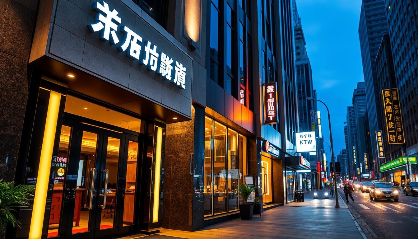 An exterior view of a Taipei hotel KTV, showcasing its distinctive architectural features. The foreground captures the elegantly designed entrance with large glass doors, framed by modern illuminated signage displaying the KTV brand. The middle ground reveals a vibrant façade, adorned with soft neon lights, reflecting the nightlife atmosphere. Tall windows suggest a warm and welcoming interior. In the background, a bustling street scene showcases other nearby establishments, hinting at a lively social environment. The image is well-lit to highlight the inviting ambiance during the evening, with a focus on modern aesthetics, creating a blend of sophistication and entertainment. The mood is welcoming and vibrant, attracting consumers looking for safe and compliant singing venues.