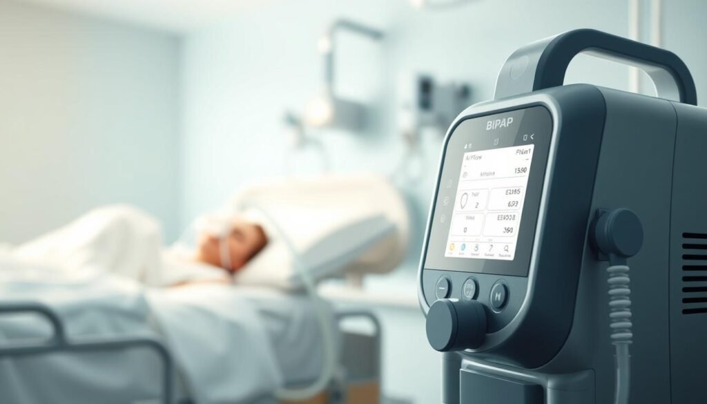 A detailed illustration of a BiPAP machine, showcasing its key design features in a clinical setting. In the foreground, a sleek and modern BiPAP device with clear, labeled controls and a digital screen displaying airflow settings. The middle ground features a gently lit bedside table with an oxygen mask and tubing ready for use. In the background, a softly blurred hospital room with light-colored walls and medical equipment, creating a calm and serene atmosphere. Use soft, natural lighting to highlight the contours of the BiPAP machine, capturing its technical sophistication. The angle should be slightly elevated, focusing on the front of the device, creating a professional and informative feel.
