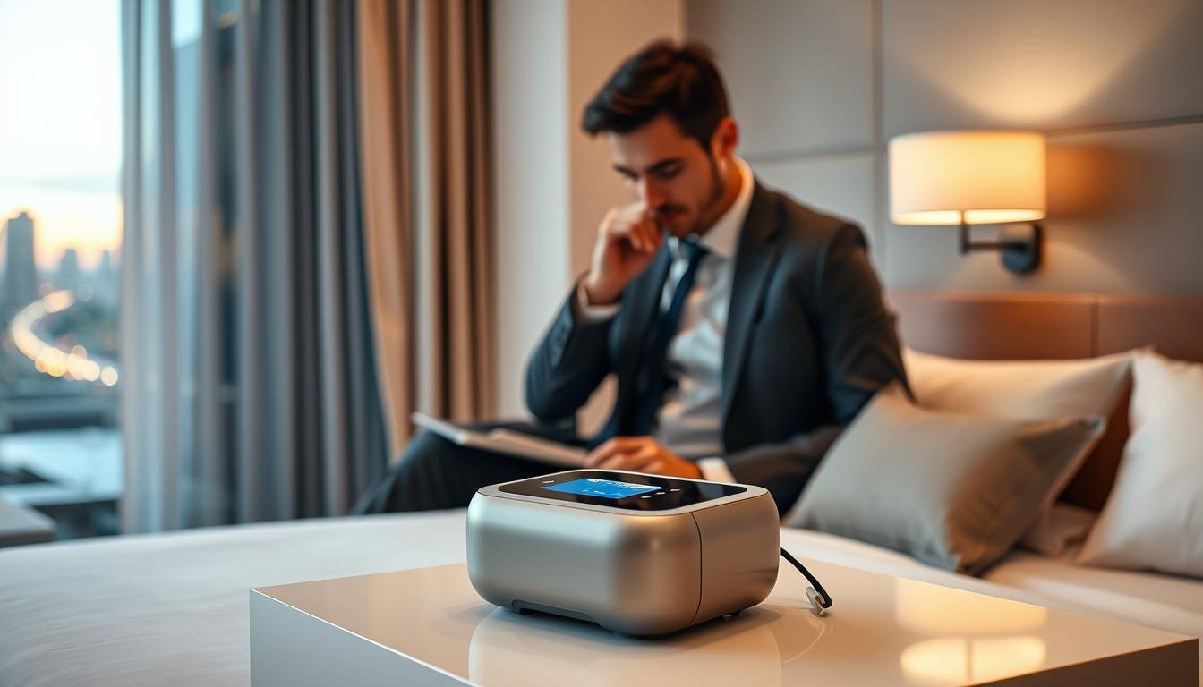 A modern lightweight sleep apnea machine designed for frequent travelers, placed prominently in the foreground on a sleek, minimalist hotel bedside table. The device features a compact, smooth design with a soft, glowing display. In the middle ground, a well-dressed professional, wearing smart casual attire, prepares for a trip, showing focus on the machine. The background captures a cozy hotel room ambiance with soft, ambient lighting and a city view through a window at dusk. The scene reflects a serene and organized atmosphere, emphasizing convenience and portability. The overall mood conveys a sense of relaxation and efficiency, perfect for business travelers prioritizing restful sleep while on the go.