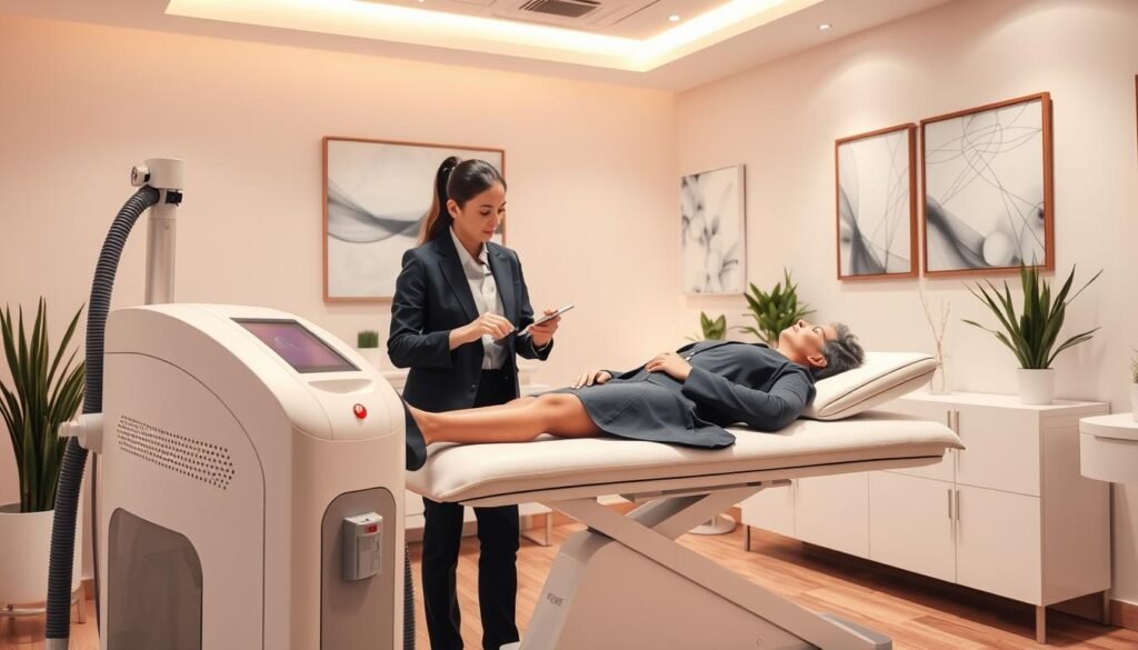 A modern, sleek beauty clinic room with a laser hair removal machine prominently placed in the foreground. In the middle, a professional technician in business attire operates the laser device while attentively monitoring the treatment on a client, who is comfortably lying on an examination table, dressed in modest, professional clothing. The background features light, soothing colors with soft, diffused lighting to create a calming atmosphere, enhancing the clinical yet inviting feel of the environment. The room is adorned with modern decor elements like potted plants and elegant artwork on the walls, conveying a sense of trust and professionalism. Use a warm color palette to evoke a sense of safety and care. The composition should be well-balanced, with a focus on the interaction between the technician and the client, showcasing the advanced technology used in laser hair removal.