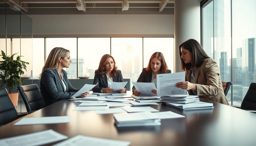 A professional office setting focused on business registration and tax regulations, featuring a modern workspace with a large conference table and paperwork scattered on it. In the foreground, a diverse group of businesspeople—two women and one man—are engaged in a discussion. They are dressed in professional business attire, with serious expressions as they review documents about tax compliance responsibilities. The middle ground shows a large window letting in soft natural light, illuminating a cityscape in the background. The atmosphere is one of collaboration and focus, highlighting the importance of understanding tax obligations when starting a company. The image should convey professionalism and urgency, with a clear emphasis on the theme of compliance with tax regulations.