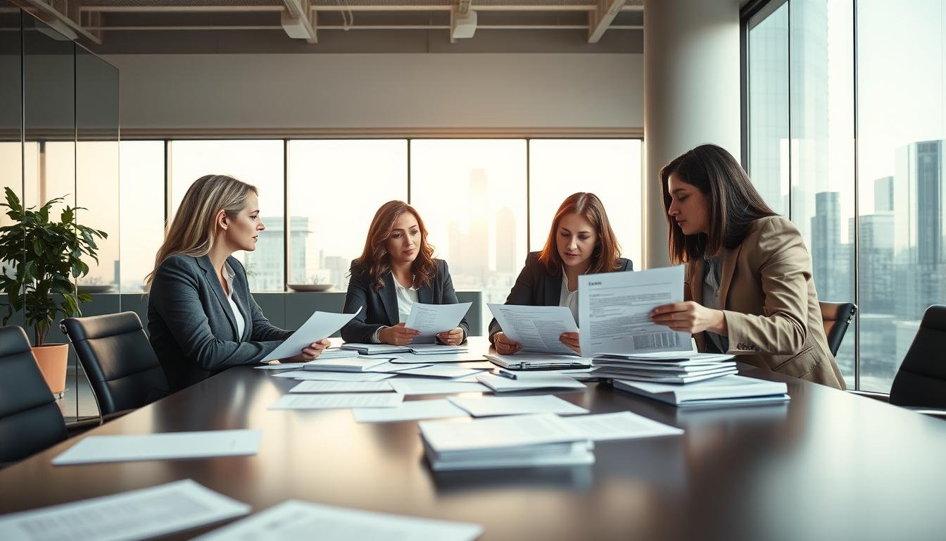 A professional office setting focused on business registration and tax regulations, featuring a modern workspace with a large conference table and paperwork scattered on it. In the foreground, a diverse group of businesspeople—two women and one man—are engaged in a discussion. They are dressed in professional business attire, with serious expressions as they review documents about tax compliance responsibilities. The middle ground shows a large window letting in soft natural light, illuminating a cityscape in the background. The atmosphere is one of collaboration and focus, highlighting the importance of understanding tax obligations when starting a company. The image should convey professionalism and urgency, with a clear emphasis on the theme of compliance with tax regulations.