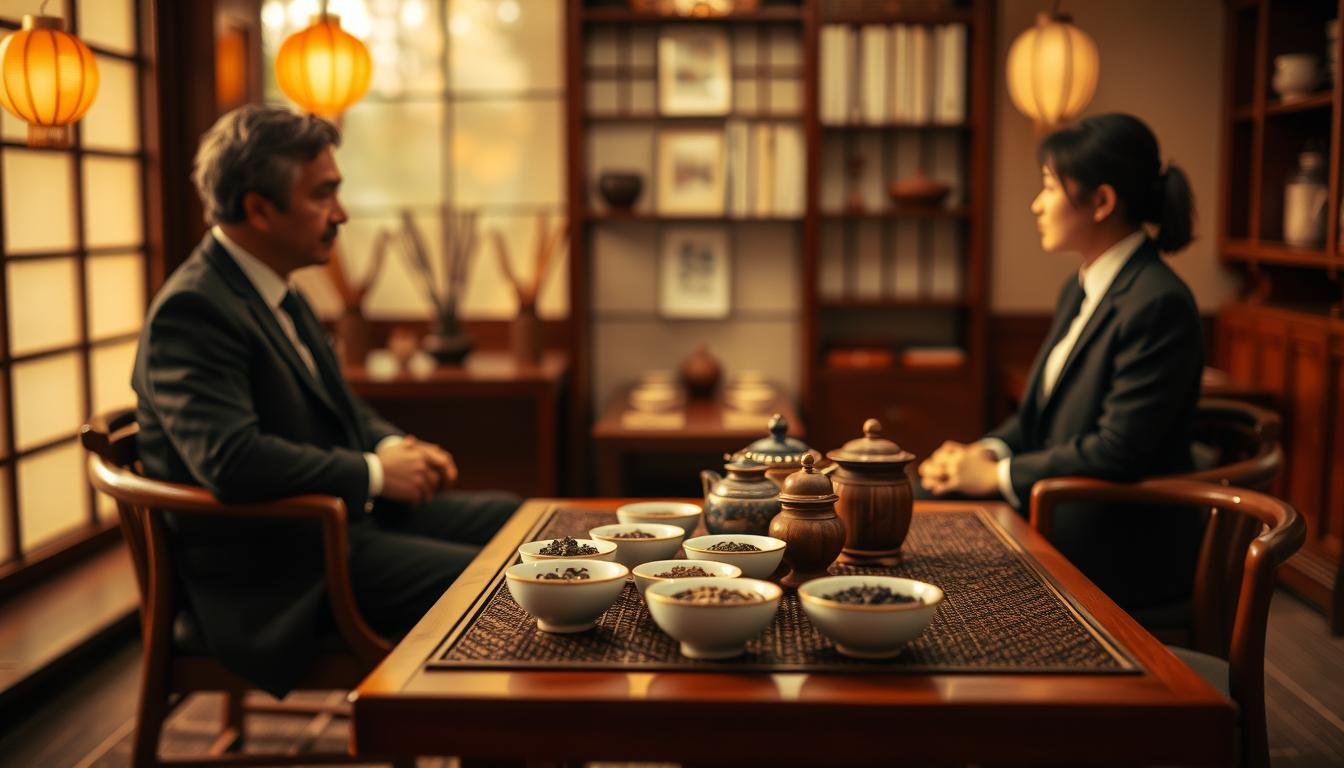 A warm and inviting tea room setting, designed for a cozy and intimate experience. In the foreground, a small wooden table is elegantly set with a traditional Chinese tea set, surrounded by two people in professional business attire, engaged in a heartfelt conversation about tea expectations. In the middle, a selection of beautifully arranged tea leaves and delicate porcelain cups, showcasing the rich colors and textures of the tea culture. The background features soft-focus, warm lighting that creates a serene atmosphere, with the hint of traditional Chinese decor, like hanging lanterns and wooden shelves. The overall mood is calm, romantic, and cinematic, perfect for illustrating a meaningful tea reservation experience. The composition is in a 4:3 aspect ratio.