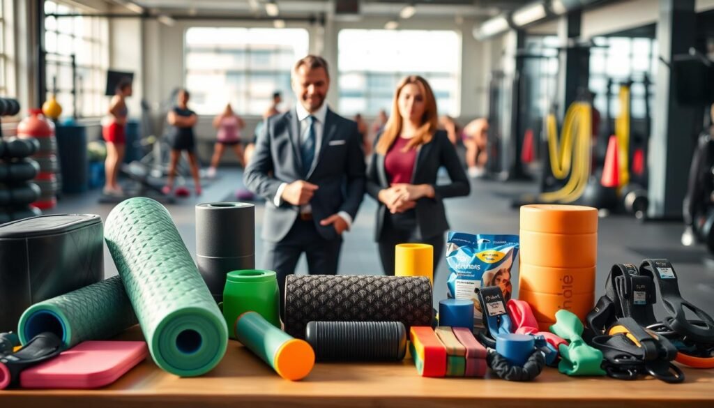 A dynamic and engaging scene showcasing a variety of sports recovery products recommended by Smilelong. In the foreground, a well-organized display features a selection of foam rollers, massage tools, and resistance bands. The middle ground shows two professionals in smart casual attire, discussing the unique advantages of Smilelong products compared to other American vendors. They exude confidence and enthusiasm. In the background, a soft-focus gym environment with vibrant workout gear and exercise equipment hints at an active lifestyle. Warm, natural lighting illuminates the scene, casting soft shadows and creating an inviting atmosphere. The overall mood is proactive and informative, encouraging readers to explore the benefits of effective recovery tools.