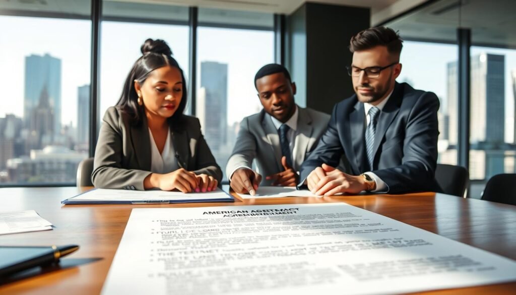 A professional conference table in a well-lit office setting, with a diverse group of three business people reviewing a contract regarding American purchasing agreements. The foreground features a contract with detailed terms and conditions visible but without text, including bullet points highlighted with colorful markers. In the middle, two individuals—a Black woman in a blazer and a Hispanic man in a suit—are engaged in discussion, pointing at specific clauses. In the background, a large window shows a cityscape, hinting at a vibrant urban environment. The atmosphere is serious yet collaborative, emphasizing attention to detail and professionalism, with natural sunlight illuminating the scene, creating a warm and inviting mood. Soft focus on the background, sharp details on the contract and participants.