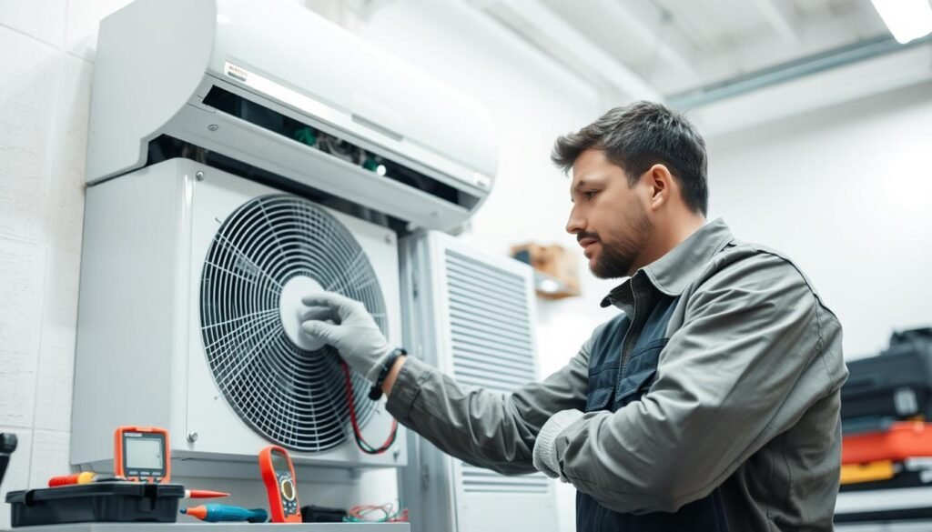 A professional technician inspecting an air conditioning unit in a modern, well-lit service area. In the foreground, the technician, dressed in a neat uniform with safety gloves, carefully analyzes the electrical components of the air conditioner. The middle ground features essential tools like a multimeter, screwdrivers, and a toolbox, all organized and within reach. In the background, a bright workshop environment with soft, diffused lighting illuminates the space, emphasizing cleanliness and order. The atmosphere conveys a sense of professionalism, diligence, and expertise, reflecting the essential standards for selecting a skilled air conditioning repair team. The image should evoke feelings of reliability and safety, devoid of any text or branding elements.