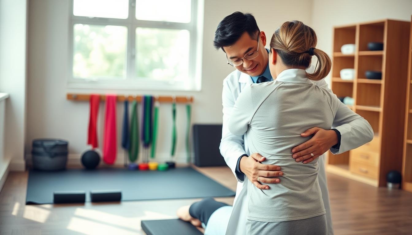 A professional chiropractor conducting physical therapy for a patient with lower back pain in a bright, modern clinic. In the foreground, the chiropractor, a middle-aged Asian man in a white lab coat, is demonstrating a gentle spinal adjustment technique on a middle-aged Caucasian woman, who is wearing comfortable, modest exercise attire. In the middle ground, various physical therapy equipment such as resistance bands and exercise mats are neatly arranged. The background features a window filtering in natural light, creating an inviting atmosphere. The scene captures a sense of healing and collaboration, with warm tones and a focus on the patient’s comfort and care. The therapist is attentively guiding the patient through the therapy, highlighting their teamwork in addressing sciatica symptoms.