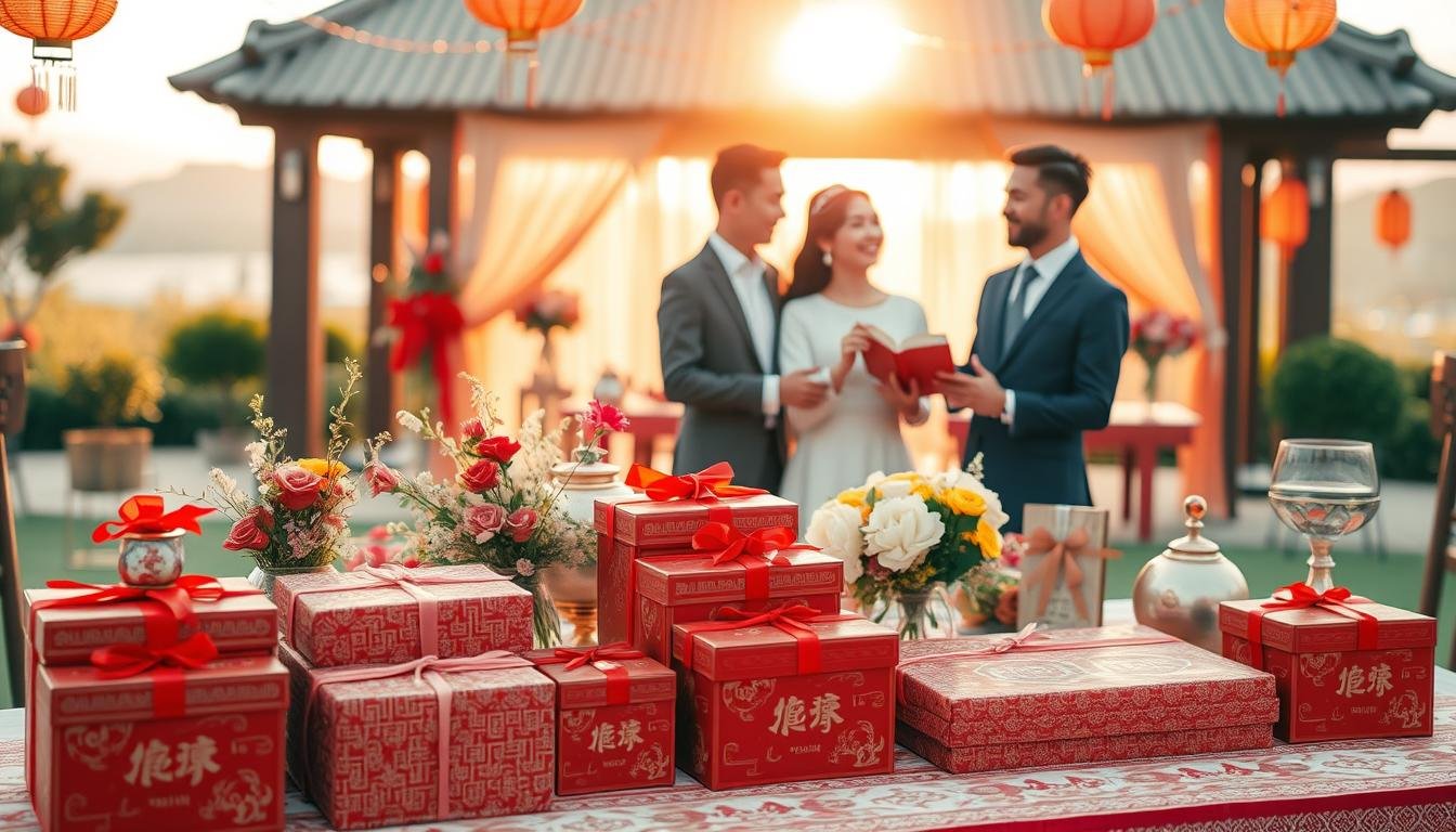 A beautifully arranged Taiwanese wedding setting showcasing the significance of engagement gifts, featuring a traditional table adorned with symbolic elements. In the foreground, a collection of elegantly wrapped red boxes representing '聘金' (engagement gifts), with intricate traditional patterns. The middle ground includes a couple in professional attire, engaged in a joyful discussion about wedding plans, surrounded by tasteful decorations such as flowers and lanterns. The background shows a serene outdoor venue, softly lit by warm golden hour sunlight, casting a magical ambiance over the scene. The overall mood is optimistic and celebratory, reflecting the cultural importance of engagement gifts in the wedding process.