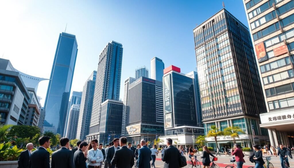 A bustling Central Hong Kong office scene showcasing a variety of high-rise buildings representing modern office spaces. In the foreground, a diverse group of professionals in business attire engage in discussions, surrounded by a mix of contemporary architecture and greenery. The middle ground features bustling pedestrians and bicycles navigating through the city streets, with eye-catching corporate signage in the background. The skyline is dominated by iconic skyscrapers under a clear blue sky, with soft natural sunlight casting dynamic shadows across the streets. Use a wide-angle lens to capture the vibrance and energy of the area, evoking a sense of opportunity and growth in the commercial real estate market.