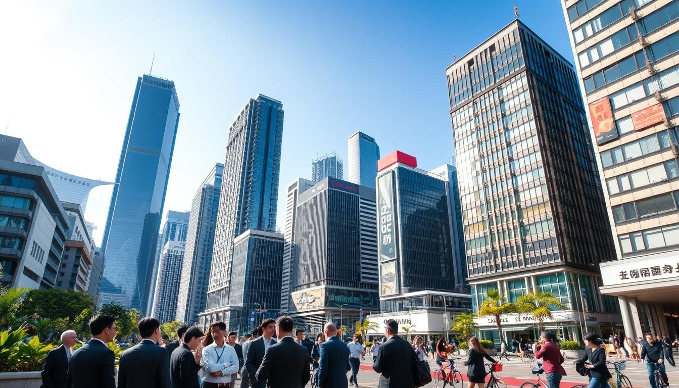 A bustling Central Hong Kong office scene showcasing a variety of high-rise buildings representing modern office spaces. In the foreground, a diverse group of professionals in business attire engage in discussions, surrounded by a mix of contemporary architecture and greenery. The middle ground features bustling pedestrians and bicycles navigating through the city streets, with eye-catching corporate signage in the background. The skyline is dominated by iconic skyscrapers under a clear blue sky, with soft natural sunlight casting dynamic shadows across the streets. Use a wide-angle lens to capture the vibrance and energy of the area, evoking a sense of opportunity and growth in the commercial real estate market.