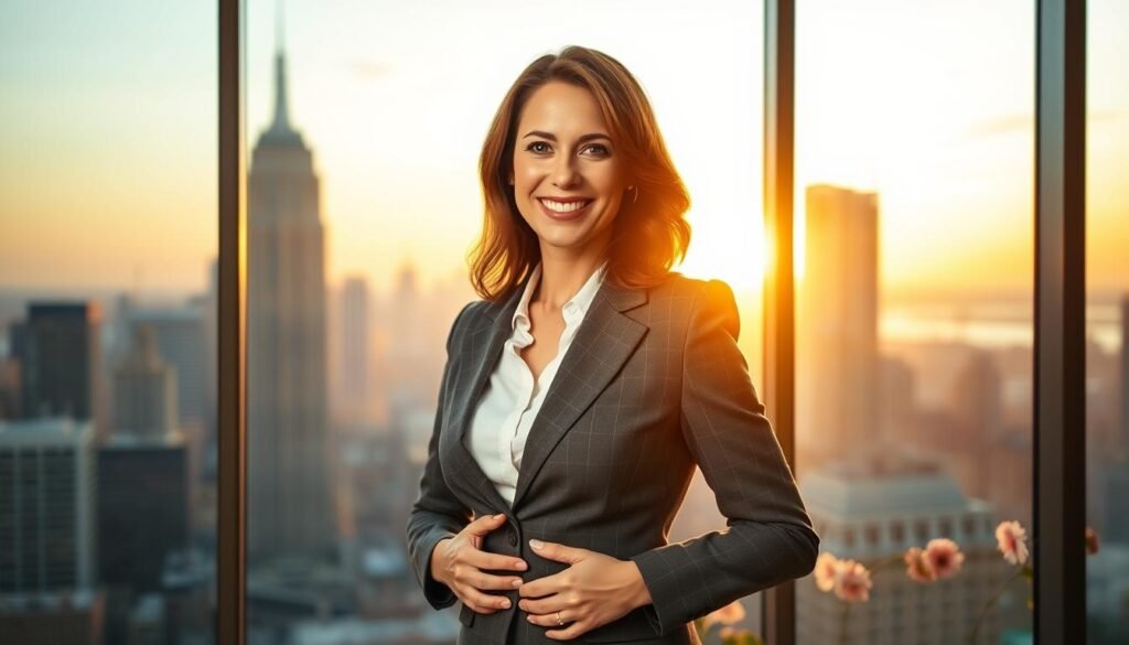 A confident woman in her 30s, dressed in professional business attire, stands in front of a large window overlooking a bustling cityscape. She has a warm, inviting smile and appears empowered as she gently places her hands on her hips, exuding self-assuredness. The background features a softly blurred city skyline during golden hour, casting a warm glow over the scene. Natural light pours in, accentuating her features and highlighting her elegant posture. Surrounding her are subtle symbols of beauty and self-acceptance, such as soft flowers or artistic decor, creating an atmosphere of positive energy and transformation. The overall mood is uplifting and empowering, reflecting themes of confidence and self-reinvention.
