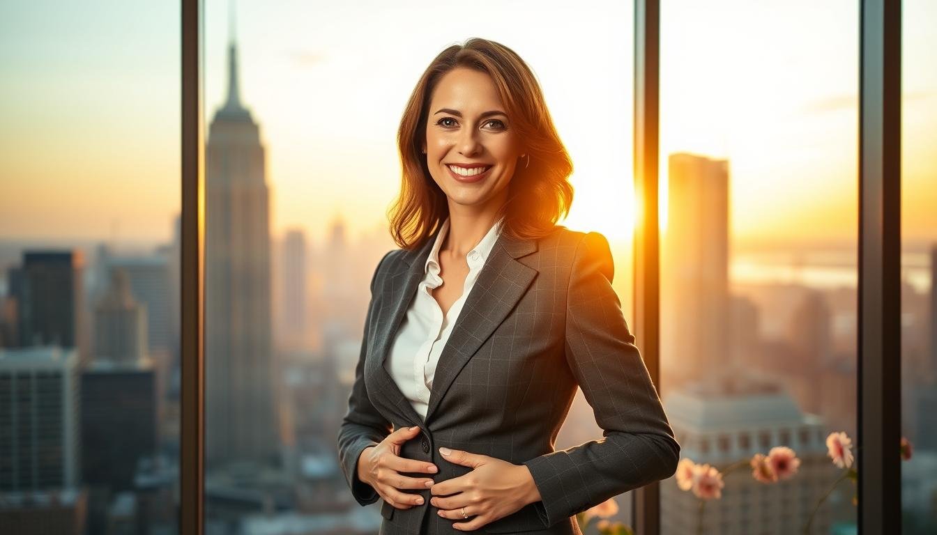 A confident woman in her 30s, dressed in professional business attire, stands in front of a large window overlooking a bustling cityscape. She has a warm, inviting smile and appears empowered as she gently places her hands on her hips, exuding self-assuredness. The background features a softly blurred city skyline during golden hour, casting a warm glow over the scene. Natural light pours in, accentuating her features and highlighting her elegant posture. Surrounding her are subtle symbols of beauty and self-acceptance, such as soft flowers or artistic decor, creating an atmosphere of positive energy and transformation. The overall mood is uplifting and empowering, reflecting themes of confidence and self-reinvention.