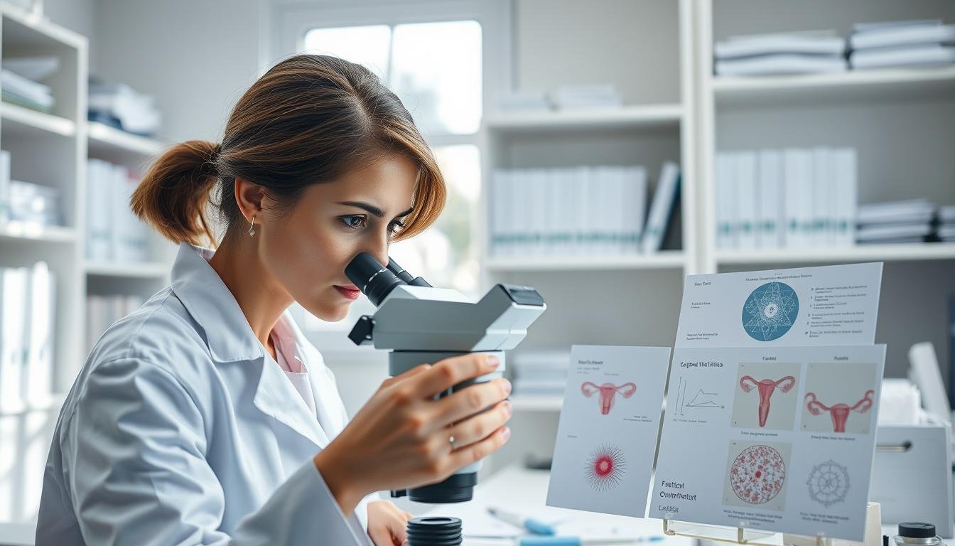 A serene laboratory setting illustrating the concept of AMH (Anti-Müllerian Hormone) and its impact on ovarian function and fertility. In the foreground, a female scientist in a professional lab coat examines a microscope with dedication, symbolizing the research on hormonal effects. In the middle ground, there are detailed glass slides displaying ovarian follicles alongside informative charts depicting hormonal levels. The background features white shelves filled with scientific books and tools, softly illuminated by natural light filtering through a window, creating a calm and focused atmosphere. The lens captures a close-up view of the scientist’s intense gaze, emphasizing the importance of the subject in reproductive health. The overall mood is one of curiosity and professionalism, reflecting the significance of AMH in fertility studies.