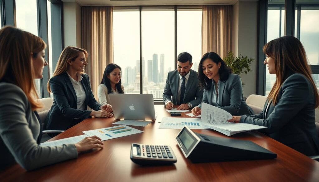 A sleek, modern accounting office setting with a focus on professionalism and collaboration. In the foreground, a diverse group of three business professionals in professional attire—two women and one man—are engaged in a discussion over financial documents and a laptop, conveying teamwork. In the middle, an elegant wooden conference table is adorned with charts and a calculator, illustrating financial analysis. In the background, large windows let in natural light, showcasing a city skyline, symbolizing growth and opportunity. The atmosphere is focused and constructive, with warm tones and soft lighting that enhance the feeling of professionalism and trust. The angle of the shot is slightly above eye level, capturing both the people and their collaborative environment seamlessly.